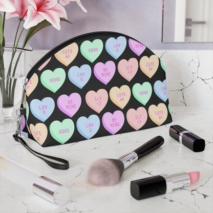 V-Day Hearts Patterned Black Makeup Bag